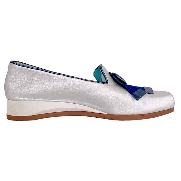 THIERRY RABOTIN Silver Metallic Leather Blue Ribbon Wedge Square Toe Slip On